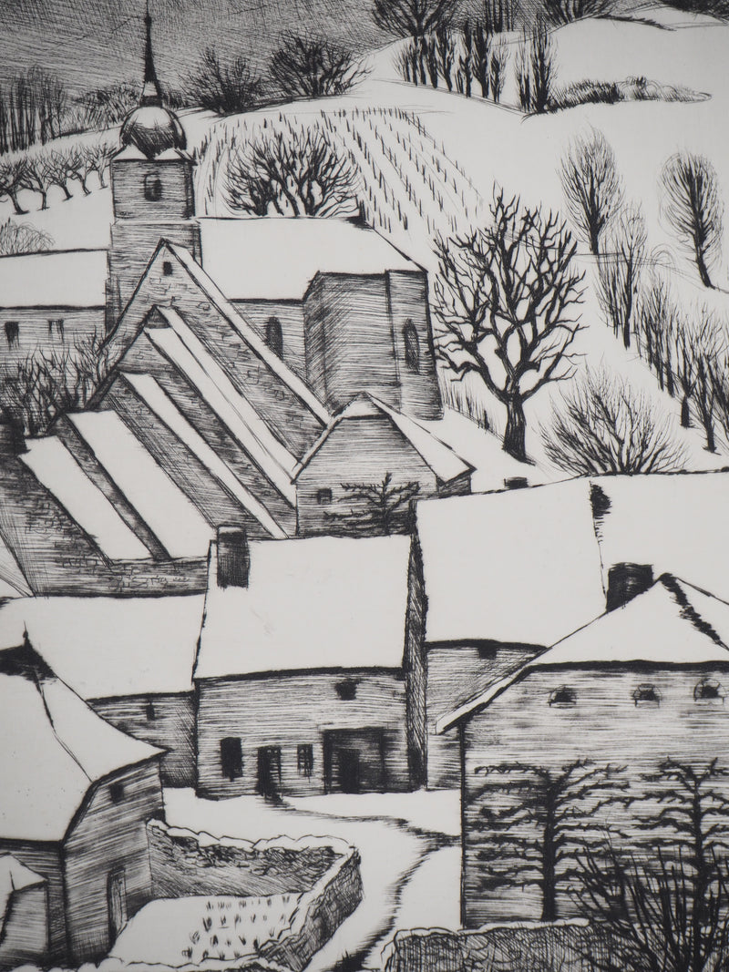 André JACQUEMIN : Village Suisse sous la neige d’hiver, Gravure originale (photo de détail 4) - Crédit photo : Galerie Art.Paris