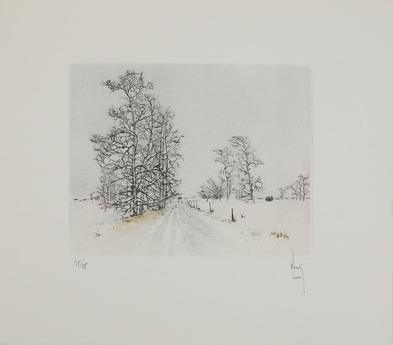 Bernard LOUEDIN : Route enneigée, Gravure signée