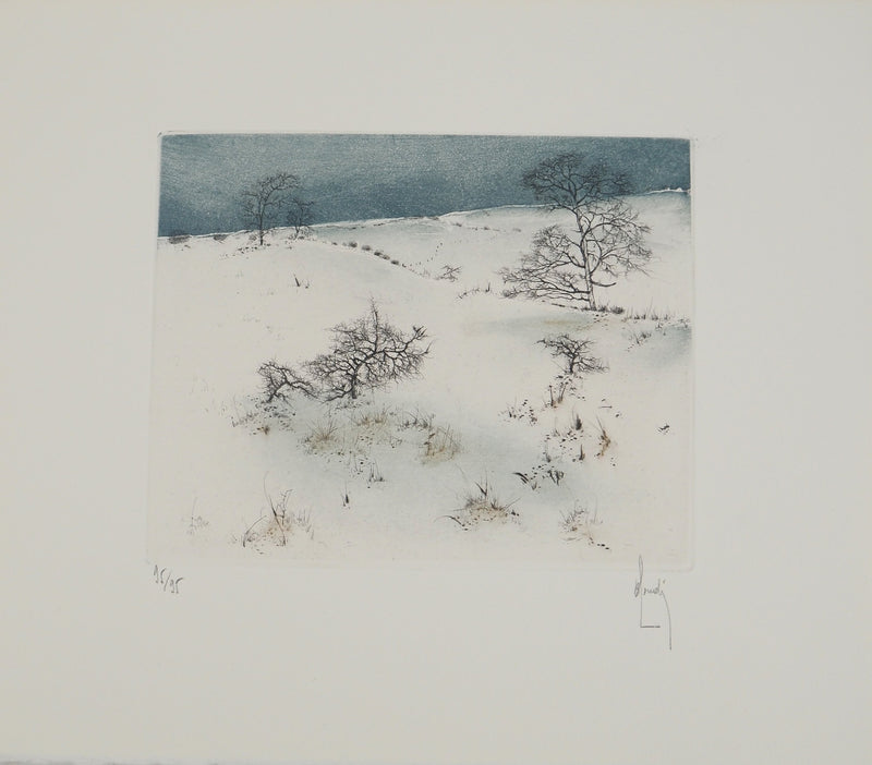 Bernard LOUEDIN : Paysage hivernal, Gravure signée