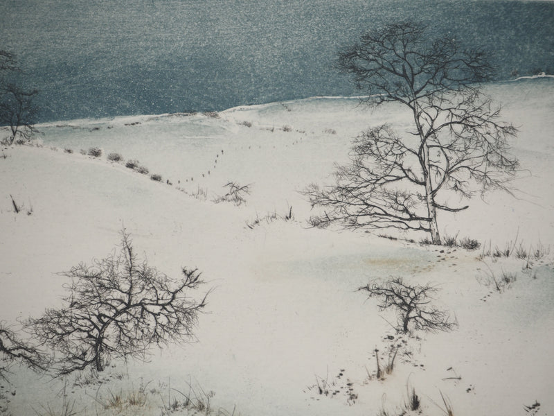 Bernard LOUEDIN : Paysage hivernal, Gravure signée