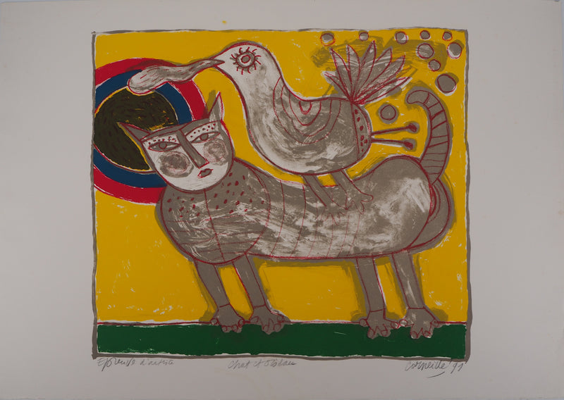 Guillaume CORNEILLE : Chat et oiseau, Lithographie originale (vue générale) - Crédit photo : Galerie Art.Paris