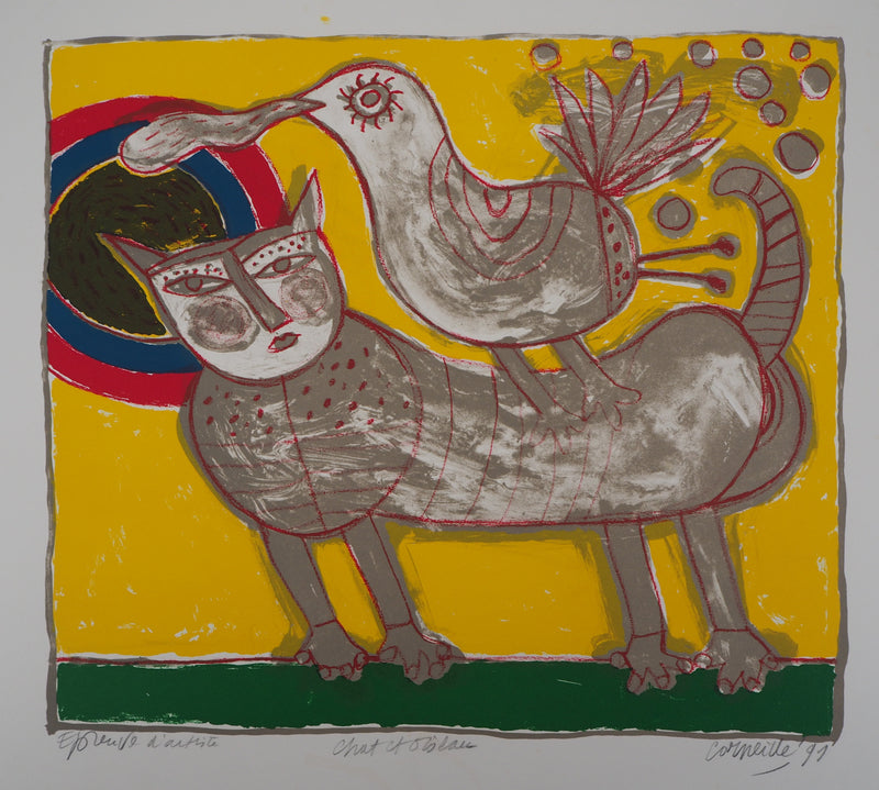 Guillaume CORNEILLE : Chat et oiseau, Lithographie originale (photo de détail 3) - Crédit photo : Galerie Art.Paris