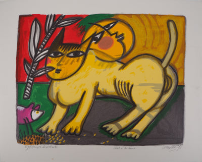 Guillaume CORNEILLE : Chat à la lune, Lithographie originale (vue générale) - Crédit photo : Galerie Art.Paris