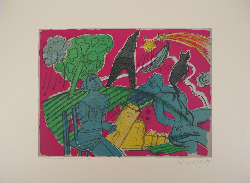 Guillaume CORNEILLE : Les amoureux à Paris, Lithographie originale (vue générale) - Crédit photo : Galerie Art.Paris