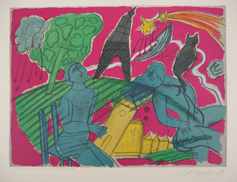 Guillaume CORNEILLE : Les amoureux à Paris, Lithographie originale (photo de détail 3) - Crédit photo : Galerie Art.Paris