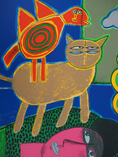 Guillaume CORNEILLE : L'oiseau, le chat et la tête rose, Lithographie originale (photo de détail 2) - Crédit photo : Galerie Art.Paris