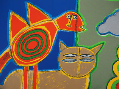 Guillaume CORNEILLE : L'oiseau, le chat et la tête rose, Lithographie originale (photo de détail 3) - Crédit photo : Galerie Art.Paris