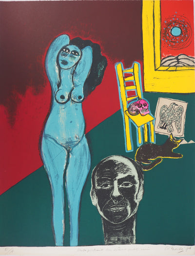 Guillaume CORNEILLE : Autoportrait au crâne mexicain, Lithographie originale (vue générale) - Crédit photo : Galerie Art.Paris