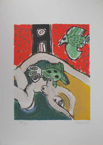 Guillaume CORNEILLE : Composition aux poissons, Lithographie originale (vue générale) - Crédit photo : Galerie Art.Paris