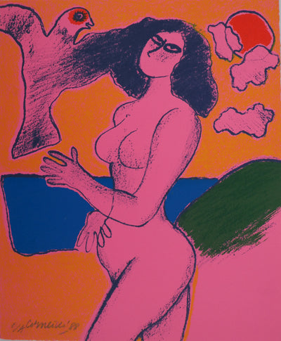 Guillaume CORNEILLE : Nu à l'oiseau, Lithographie originale (vue générale) - Crédit photo : Galerie Art.Paris