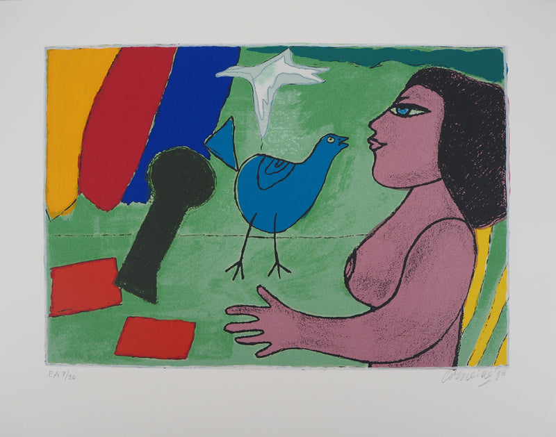 Guillaume CORNEILLE : Nu aux oiseaux, Lithographie originale (vue générale) - Crédit photo : Galerie Art.Paris