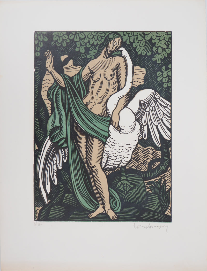 Louis BOUQUET : Mythologie, Léda et le Cygne, Gravure sur bois originale (vue générale) - Crédit photo : Galerie Art.Paris