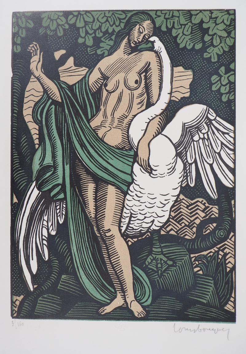 Louis BOUQUET : Mythologie, Léda et le Cygne, Gravure sur bois originale (photo de détail 2) - Crédit photo : Galerie Art.Paris