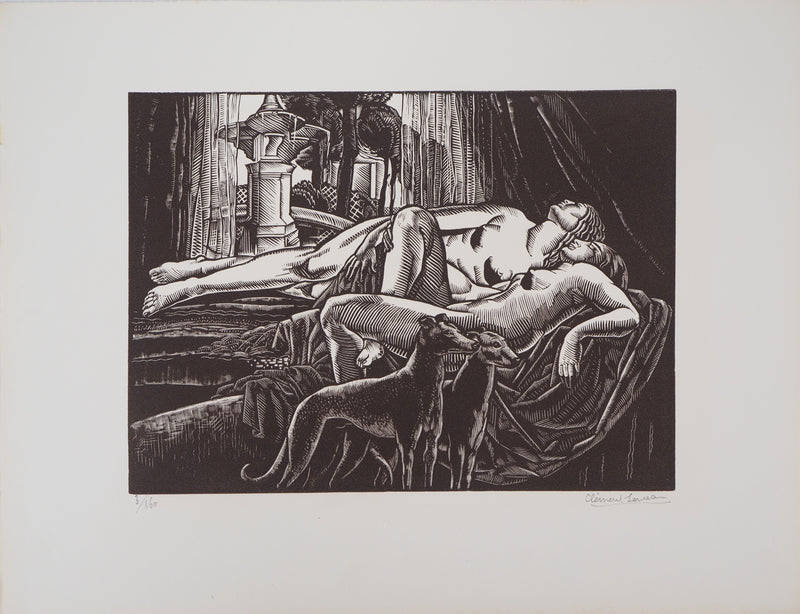 Clément SERVEAU : Repos, Deux nus aux lévriers, Gravure sur bois originale (vue générale) - Crédit photo : Galerie Art.Paris