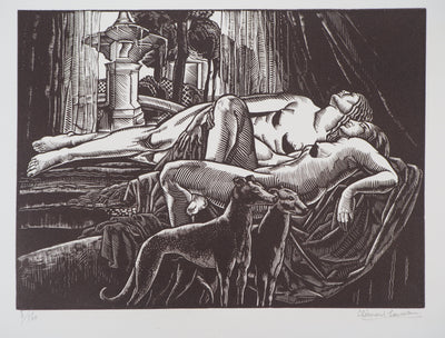 Clément SERVEAU : Repos, Deux nus aux lévriers, Gravure sur bois originale (photo de détail 2) - Crédit photo : Galerie Art.Paris