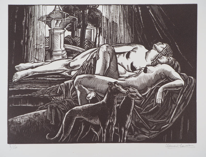 Clément SERVEAU : Repos, Deux nus aux lévriers, Gravure sur bois originale (photo de détail 2) - Crédit photo : Galerie Art.Paris
