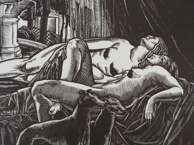 Clément SERVEAU : Repos, Deux nus aux lévriers, Gravure sur bois originale (photo de détail 3) - Crédit photo : Galerie Art.Paris