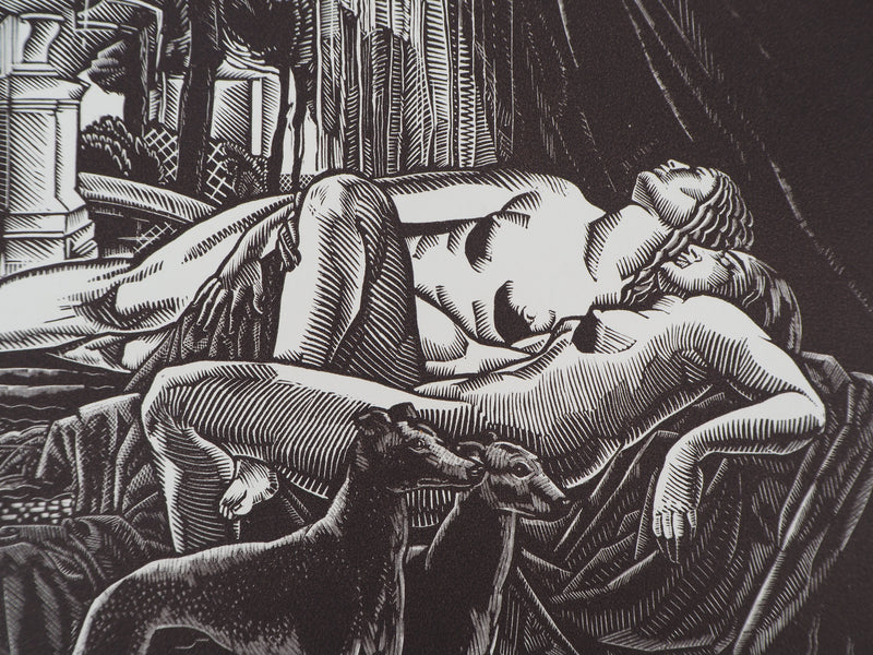 Clément SERVEAU : Repos, Deux nus aux lévriers, Gravure sur bois originale (photo de détail 3) - Crédit photo : Galerie Art.Paris