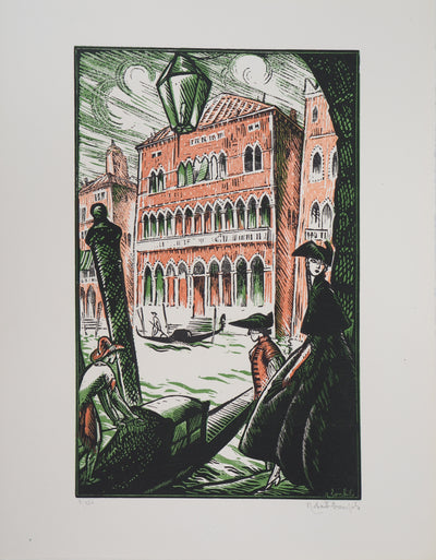 Robert BONFILS : Gondoles sur le Grand Canal à Venise, Gravure sur bois originale (vue générale) - Crédit photo : Galerie Art.Paris