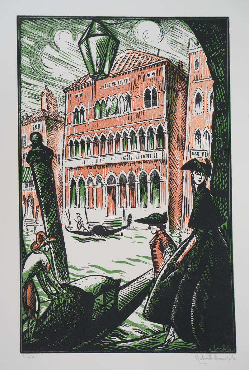 Robert BONFILS : Gondoles sur le Grand Canal à Venise, Gravure sur bois originale (photo de détail 3) - Crédit photo : Galerie Art.Paris