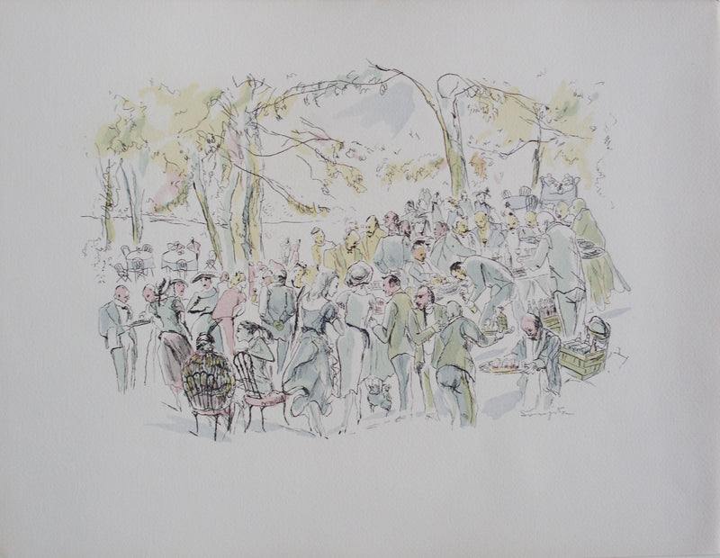 BT Tsuguharu FOUJITA, Gartenparty, 1952, Signierte Lithographie