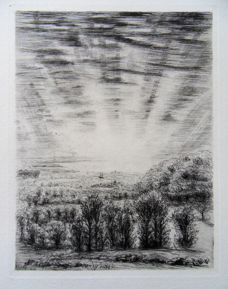 Jean FRELAUT : Lever du jour sur la campagne, Gravure originale (vue générale) - Crédit photo : Galerie Art.Paris