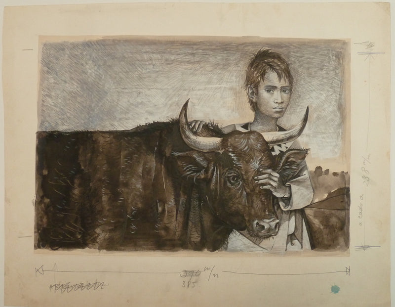 Pierre-Yves TREMOIS : Amitié entre un jeune garçon et son taureau, Dessin original (vue générale) - Crédit photo : Galerie Art.Paris