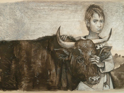 Pierre-Yves TREMOIS : Amitié entre un jeune garçon et son taureau, Dessin original (photo de détail 3) - Crédit photo : Galerie Art.Paris