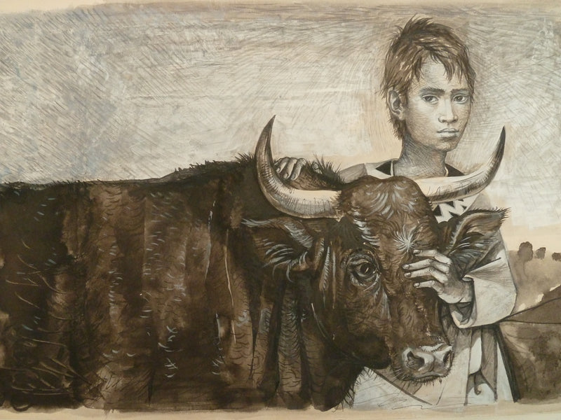 Pierre-Yves TREMOIS : Amitié entre un jeune garçon et son taureau, Dessin original (photo de détail 3) - Crédit photo : Galerie Art.Paris