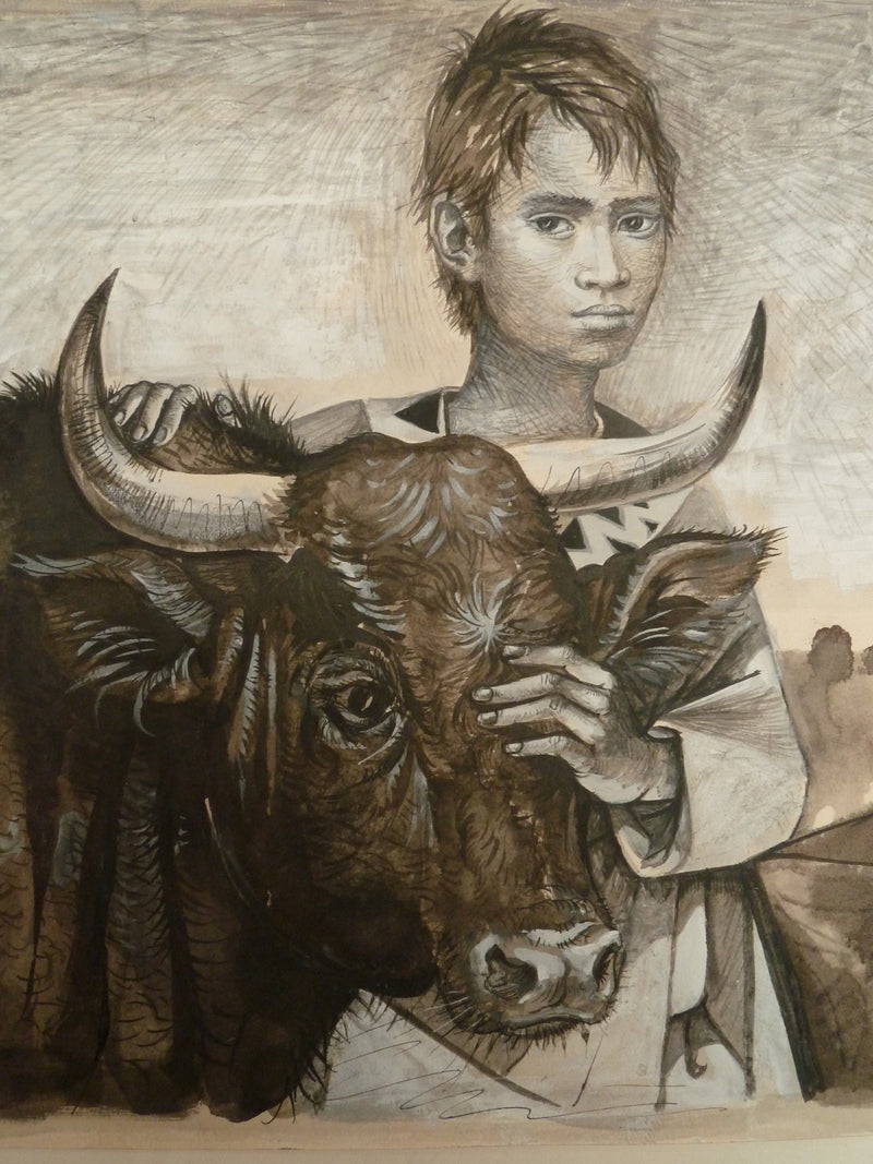 Pierre-Yves TREMOIS : Amitié entre un jeune garçon et son taureau, Dessin original (photo de détail 4) - Crédit photo : Galerie Art.Paris