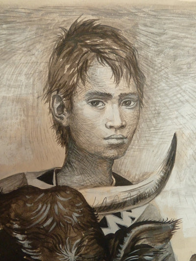 Pierre-Yves TREMOIS : Amitié entre un jeune garçon et son taureau, Dessin original (photo de détail 5) - Crédit photo : Galerie Art.Paris