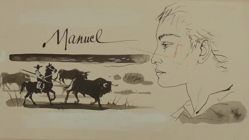 Pierre-Yves TREMOIS : Manuel face aux taureaux, Dessin original (vue générale) - Crédit photo : Galerie Art.Paris