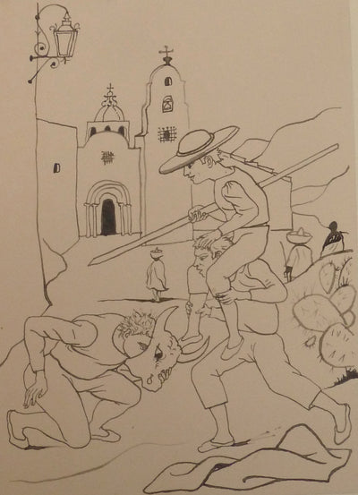 Pierre-Yves TREMOIS : Enfants jouant à la corrida, Dessin original (photo de détail 3) - Crédit photo : Galerie Art.Paris