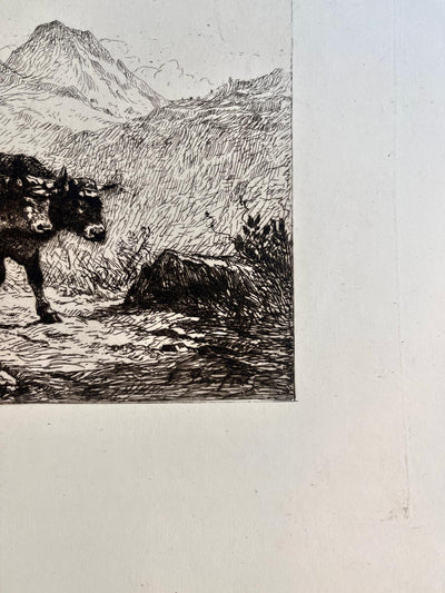 Felix BRISSOT DE WARWILLE : Attelage de bœufs en Normandie, Gravure originale signée