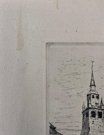 René LEVERD : Le clocher du village, Gravure originale signée