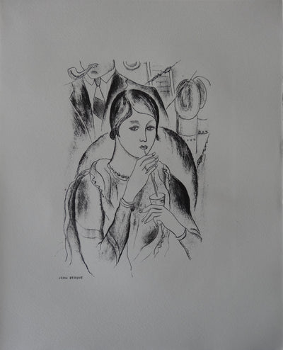 Jean BERQUE : Femme buvant une orangeade (Kate), Lithographie originale (photo de détail 2) - Crédit photo : Galerie Art.Paris