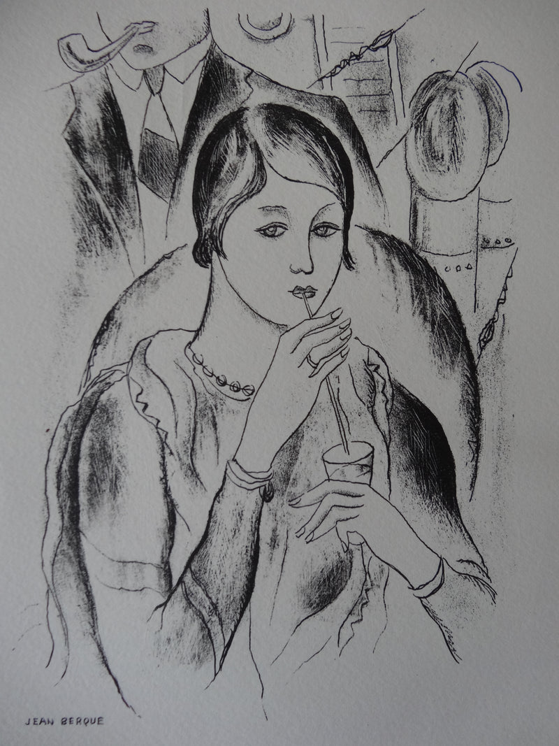 Jean BERQUE : Femme buvant une orangeade (Kate), Lithographie originale (vue générale) - Crédit photo : Galerie Art.Paris