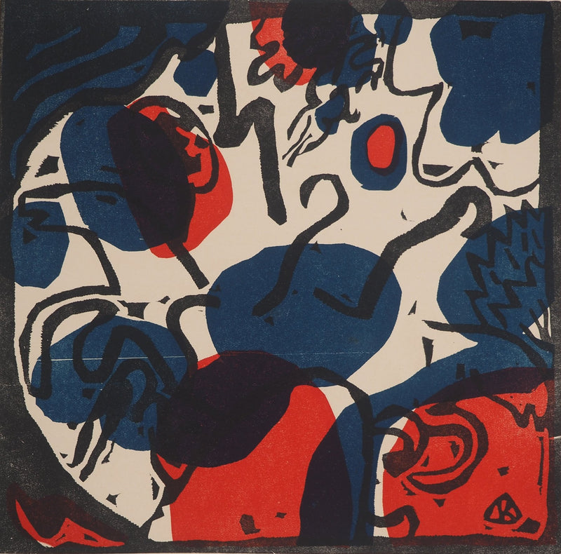 Vassily KANDINSKY : Composition en bleu et rouge, Bois gravé signé