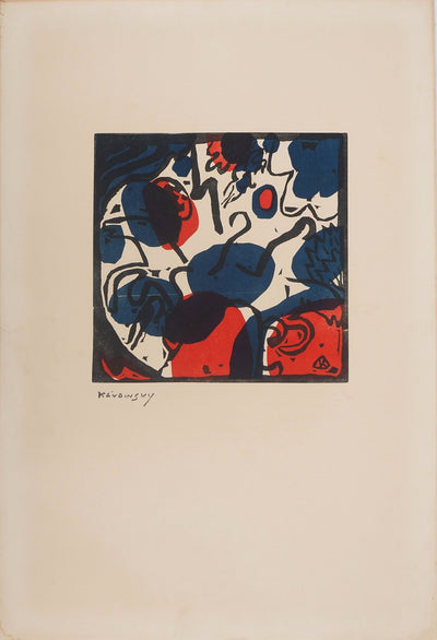 Vassily KANDINSKY : Composition en bleu et rouge, Bois gravé signé