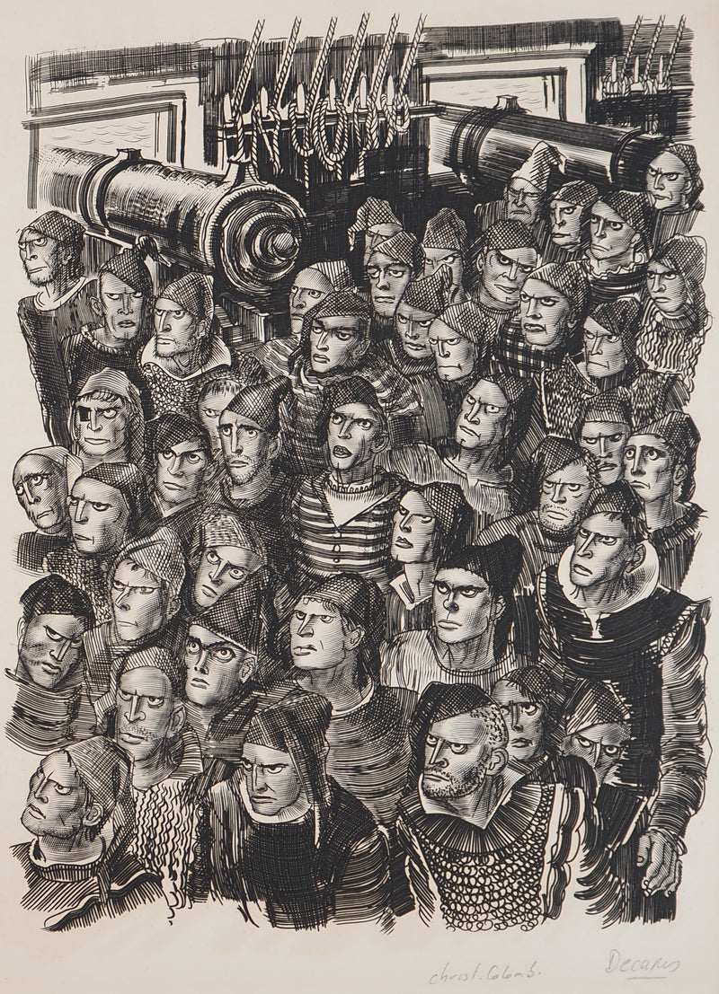 Albert DECARIS : La révolte des marins contre Colomb, Gravure originale signée