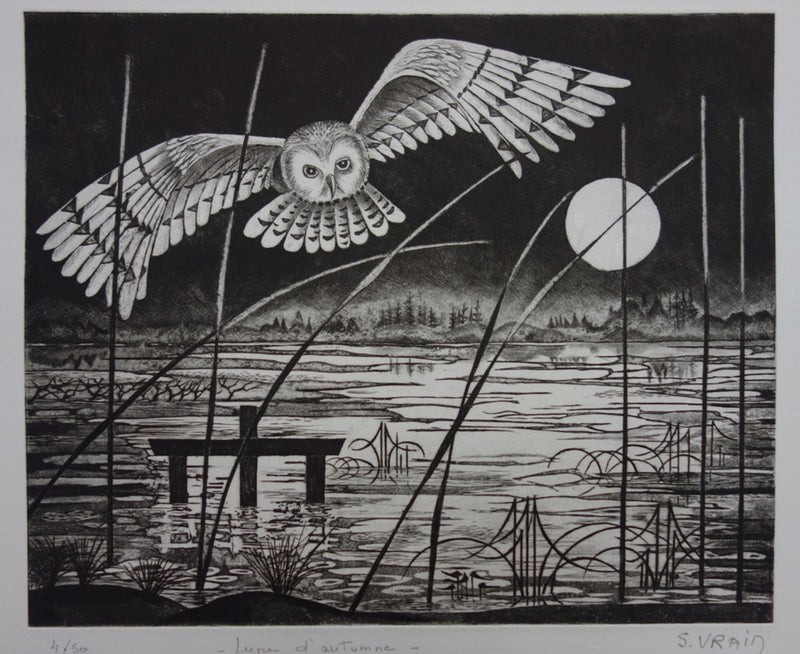 Simone VRAIN : Lune d’automne, Gravure originale signée