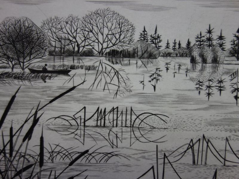 Simone VRAIN : Étang aux joncs, Gravure originale signée