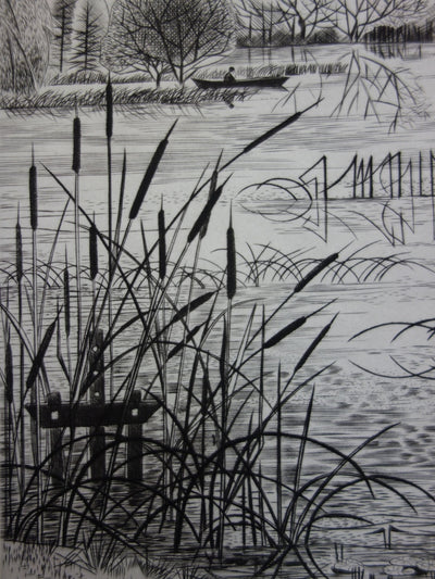 Simone VRAIN : Étang aux joncs, Gravure originale signée