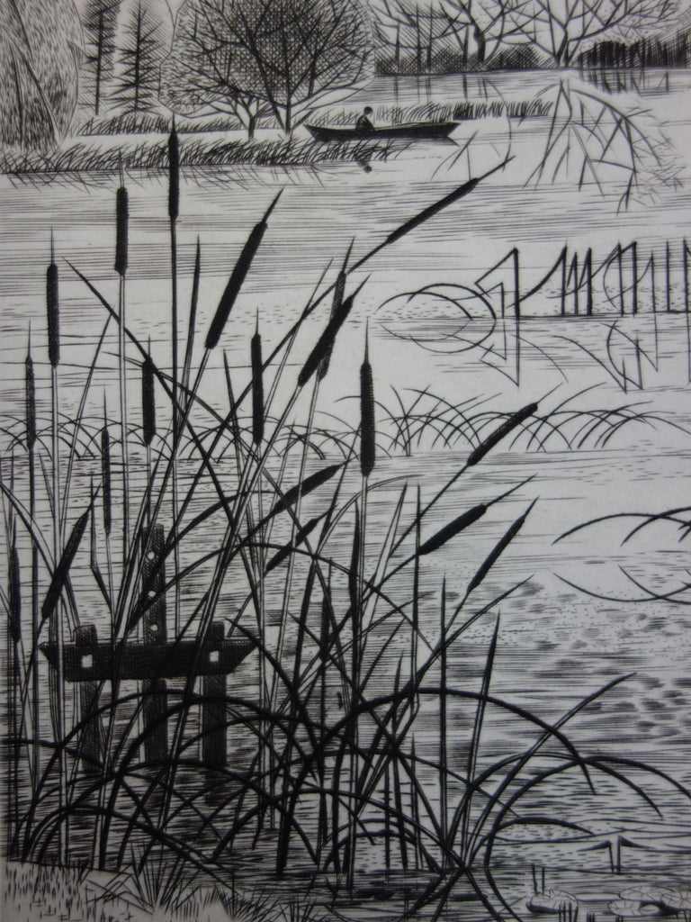 Simone VRAIN : Étang aux joncs, Gravure originale signée