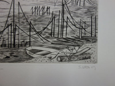Simone VRAIN : Étang aux joncs, Gravure originale signée