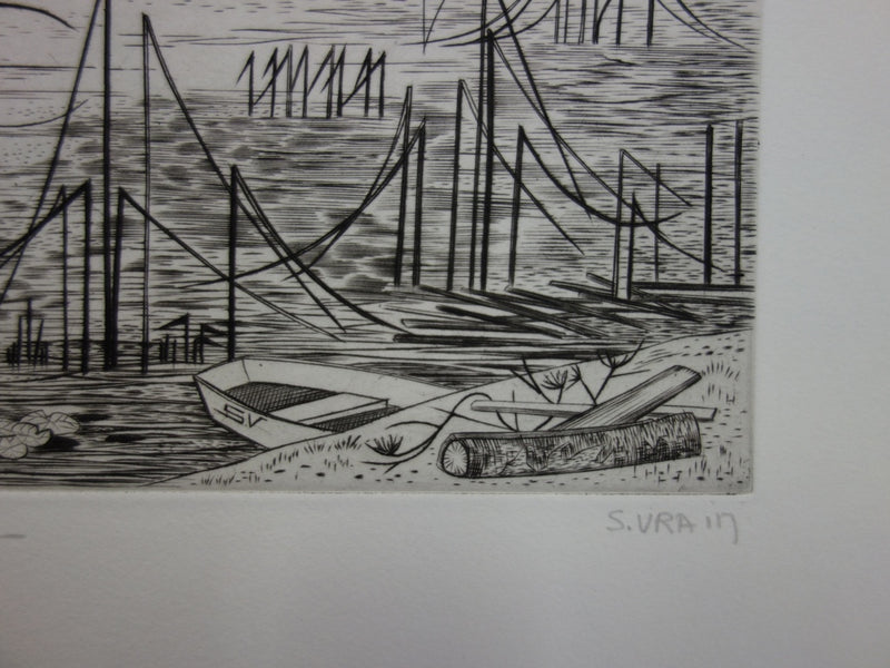 Simone VRAIN : Étang aux joncs, Gravure originale signée
