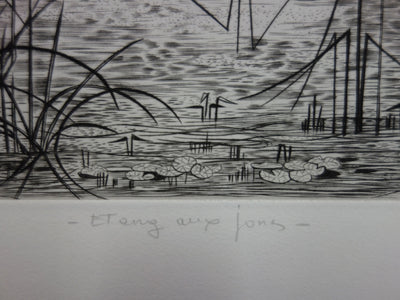 Simone VRAIN : Étang aux joncs, Gravure originale signée