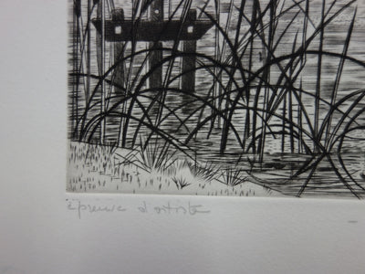 Simone VRAIN : Étang aux joncs, Gravure originale signée