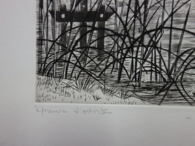 Simone VRAIN : Étang aux joncs, Gravure originale signée