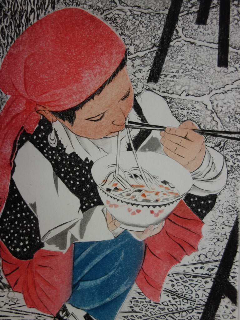 BT Simone VRAIN: Little Ouigour girl, Original signed engraving